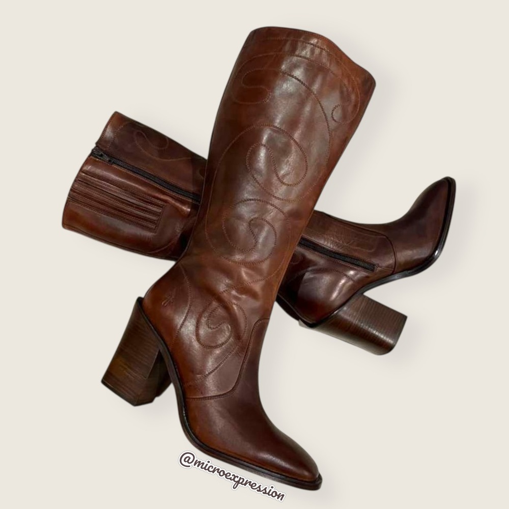 VINTAGE 1970S Frye Conrad Swirl Stitch Embroidered Cognac Brown Tall Knee Boots - Picture 15 of 15